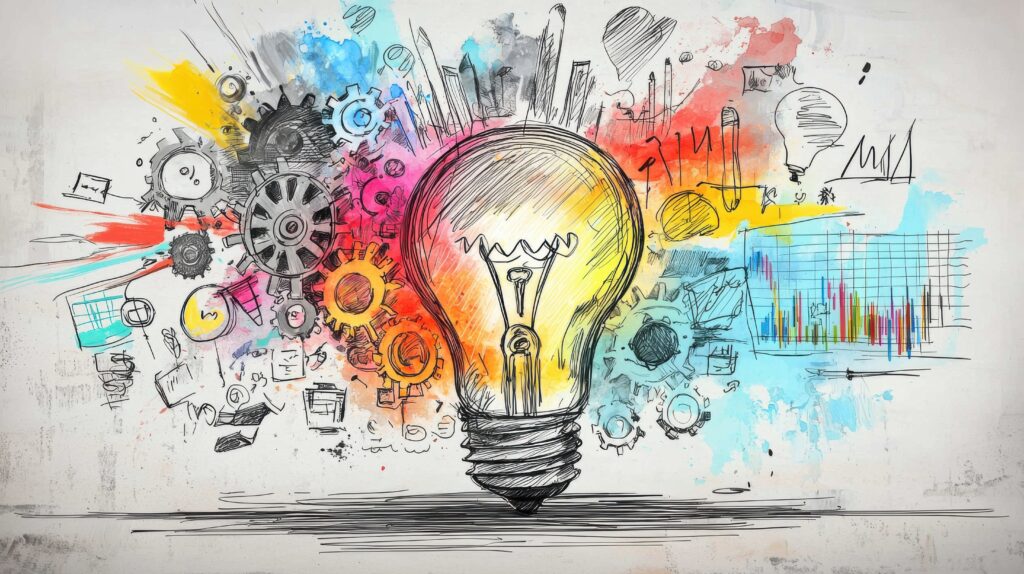 a vibrant colorful burst of creative energy radiating from a central lightbulb symbolizing the spark of innovative brilliance and the endless possibilities it can unleash